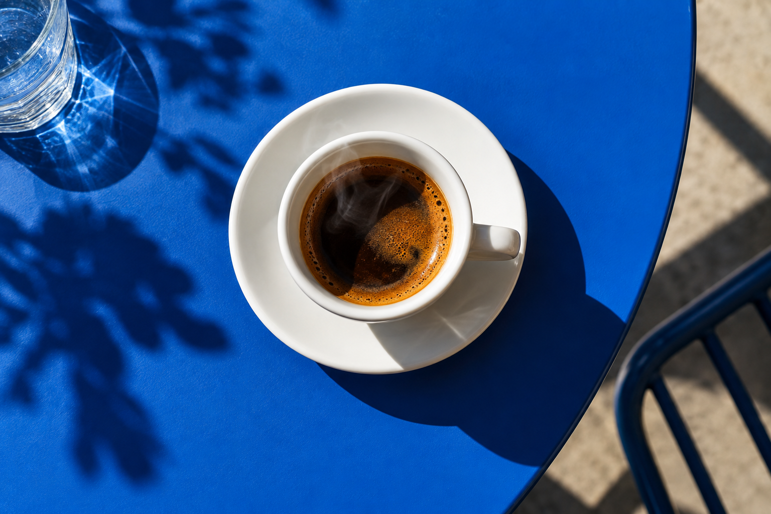 An espresso cup on a cobalt blue café table in afternoon sunlight